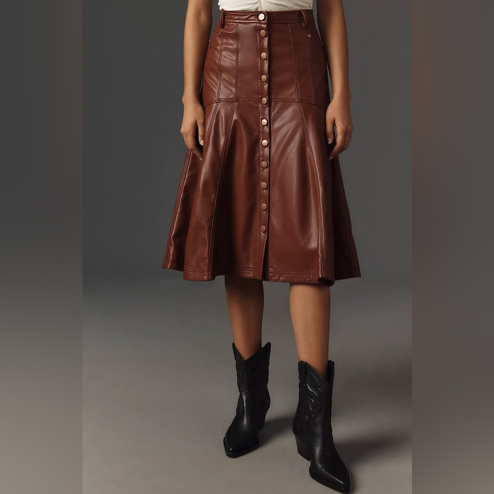 NWT Anthropologie Pilcro Seamed-Yoke Faux-Leather Midi Skirt size 0